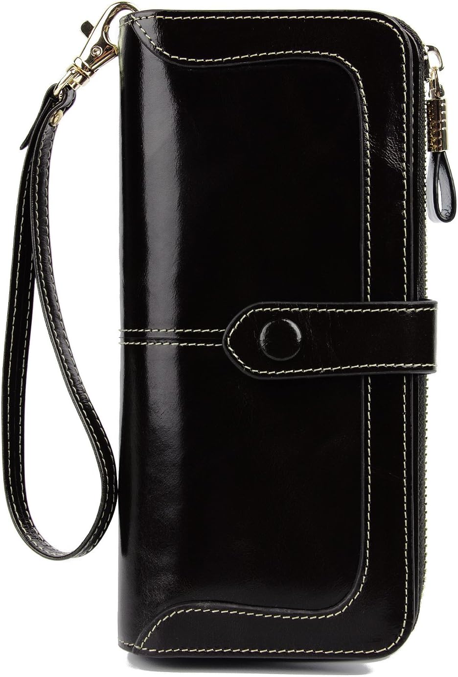 Women's RFID Blocking Large Capacity Leather Clutch Wallet Zipper Purse Ladies Credit Card Holder Organizer(1-Waxed Black)