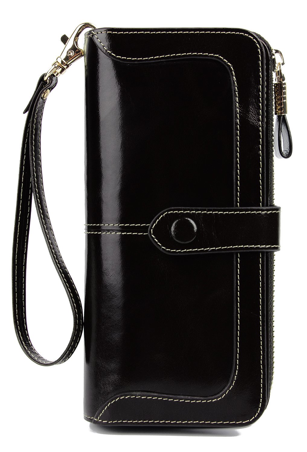 Women's RFID Blocking Large Capacity Leather Clutch Wallet Zipper Purse Ladies Credit Card Holder Organizer(1-Waxed Black)