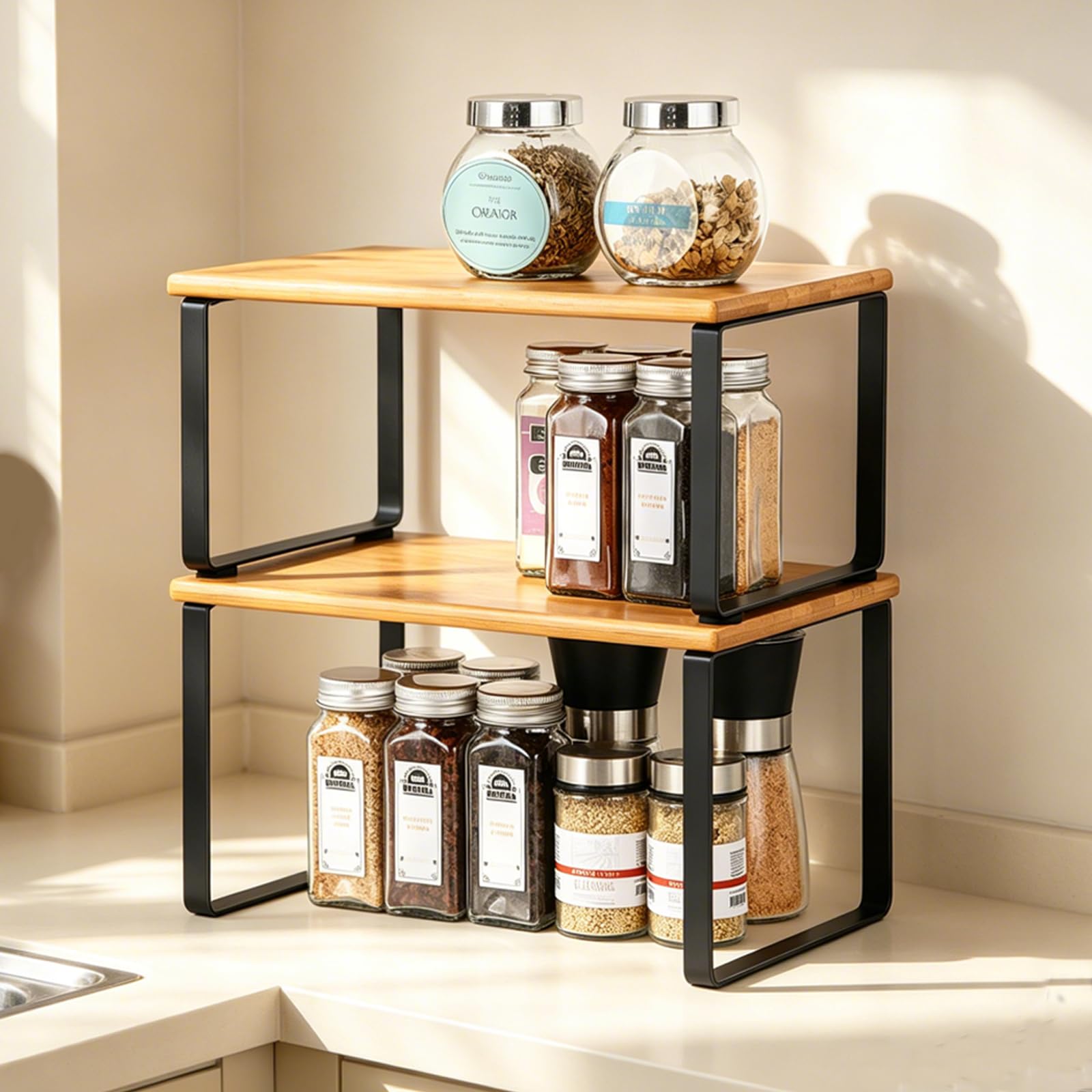 Liheya Black Uomio Kitchen Cabinet Organiser Set Of 2 Bamboo Kitchen Storage Shelves For Cupboard Countertop Spice Rack Expandable And Stackable With Metal Frame 2 Packs