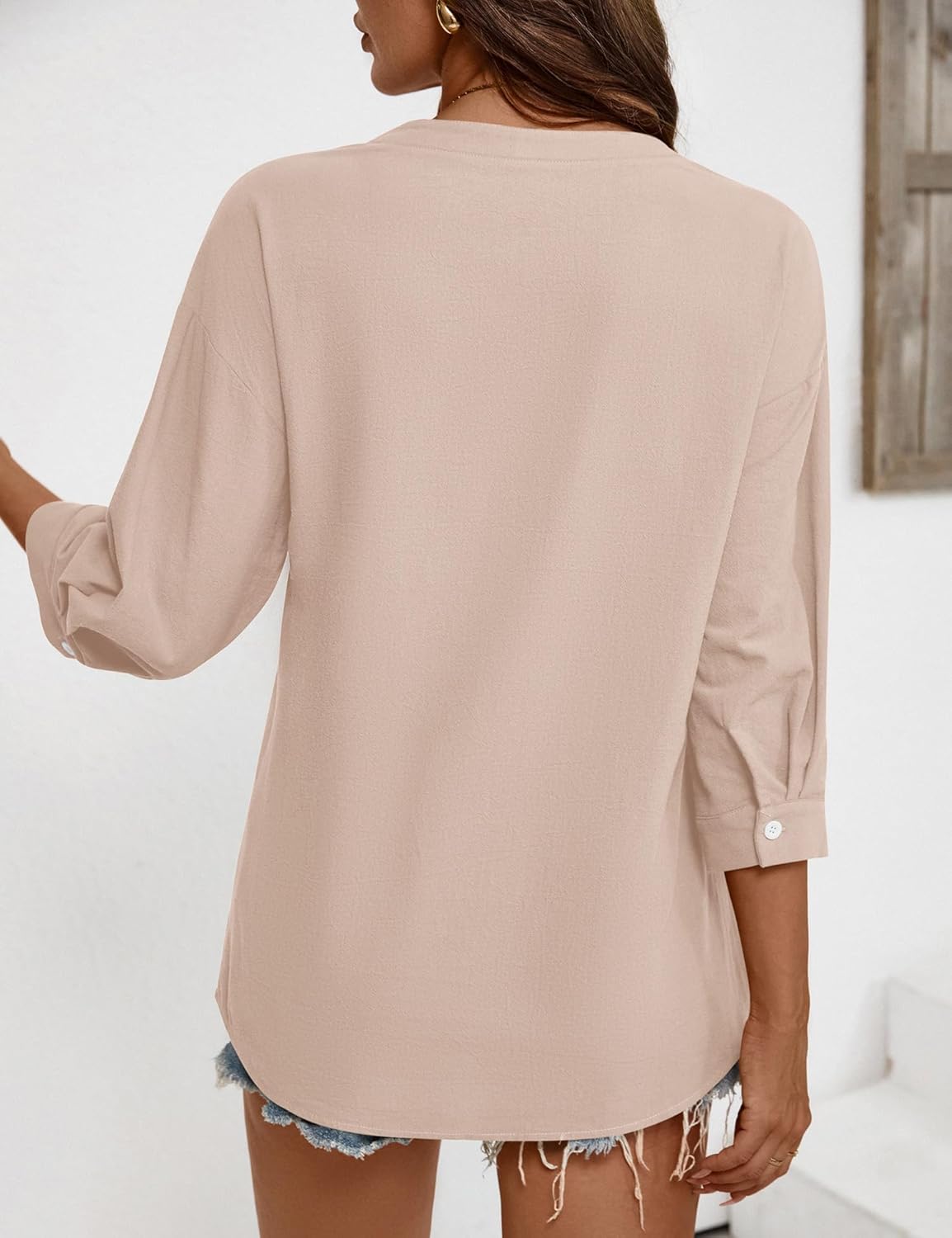 LOMON Womens 3/4 Sleeve Button Down Shirts Cotton Linen Roll Up Short Sleeve Tops V Neck Casual Loose Fit Blouses - Image 6