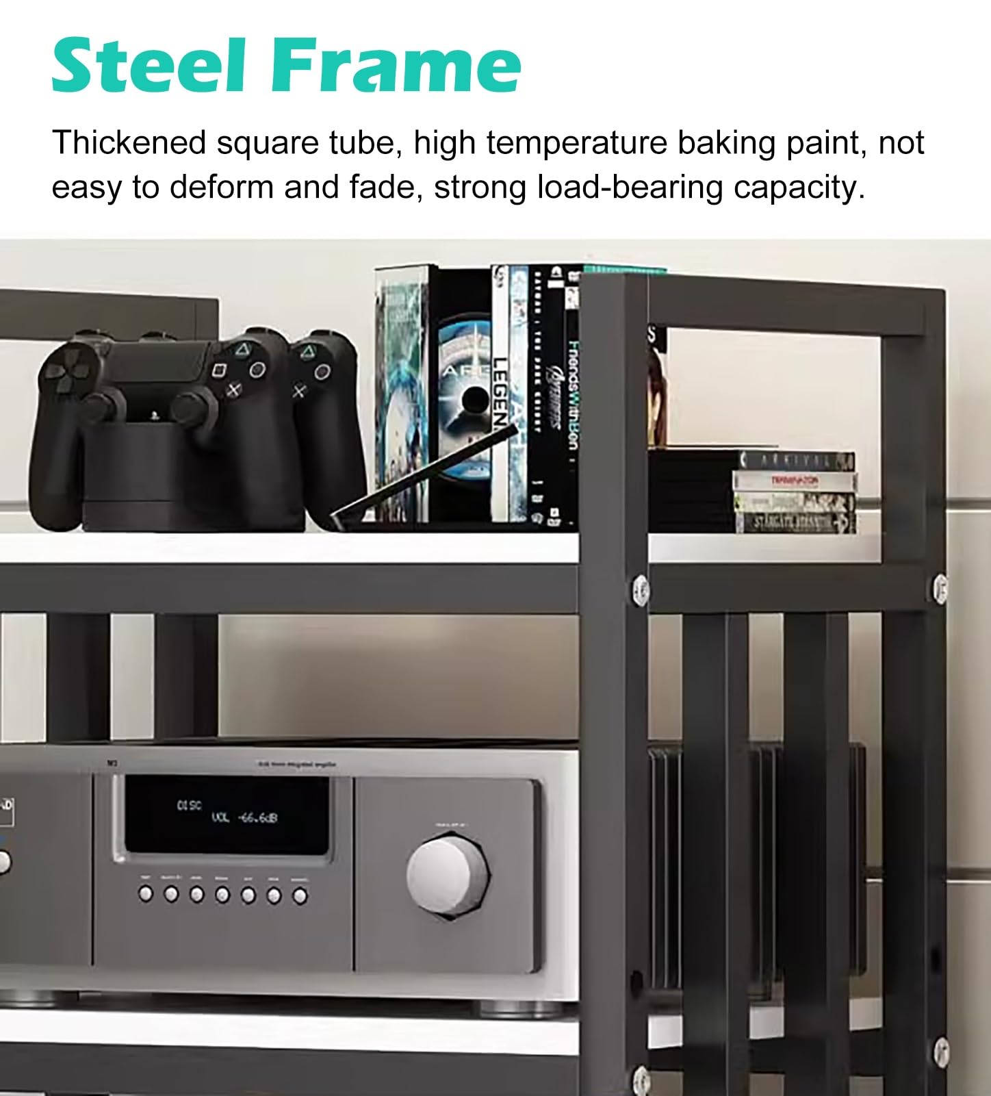 Szafka na sprzęt audio, Stojak HiFi Rack na komponenty audio 4-poziomowy, stojak nośniki wideo do studia, regał sprzęt elektroniczny(Black Frame+wood Board)