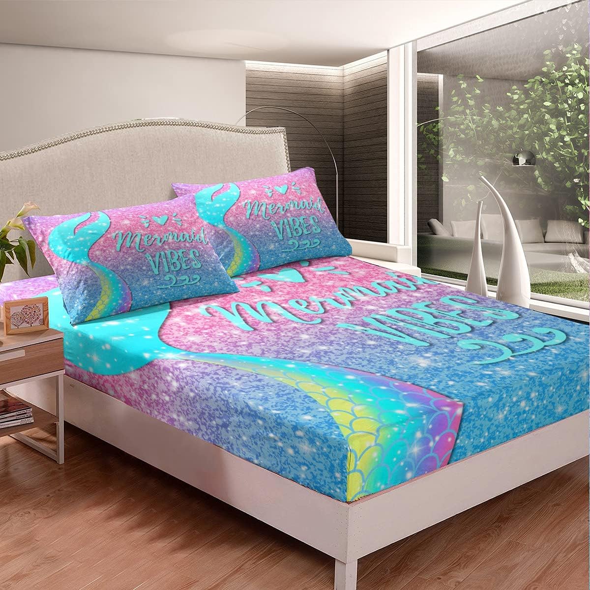 Mermaid Bed Sheets Full for Girls,Glitter Galaxy Fitted Bed Sheet,Rainbow Mermaid Scales Bedding Set for Kids Women Kawaii Princess Bed Set Pink Purple Pastel Home Bedding with 2 Pillowcases