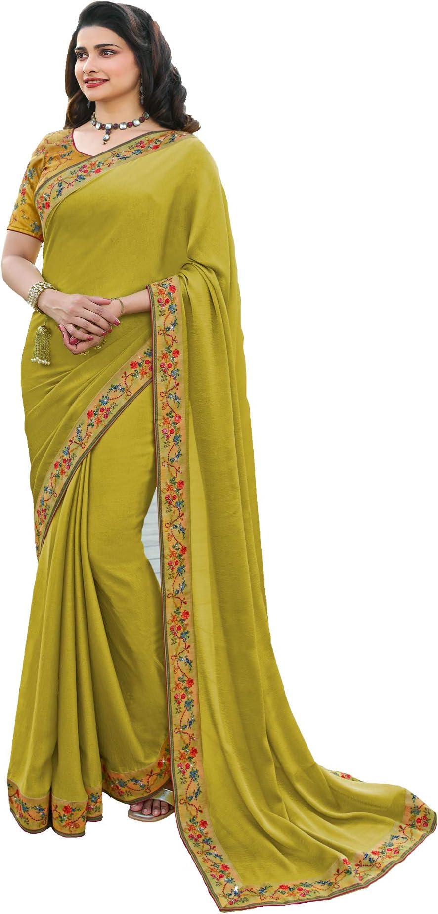 RAJESHWAR FASHION WITH RF Women's Plain Dyed Solid Silk Saree For Women With Digital Printed Work Lace Border & Blouse Piece(A43 Variation_Multicolored_Free Size 6.30 Mtr)