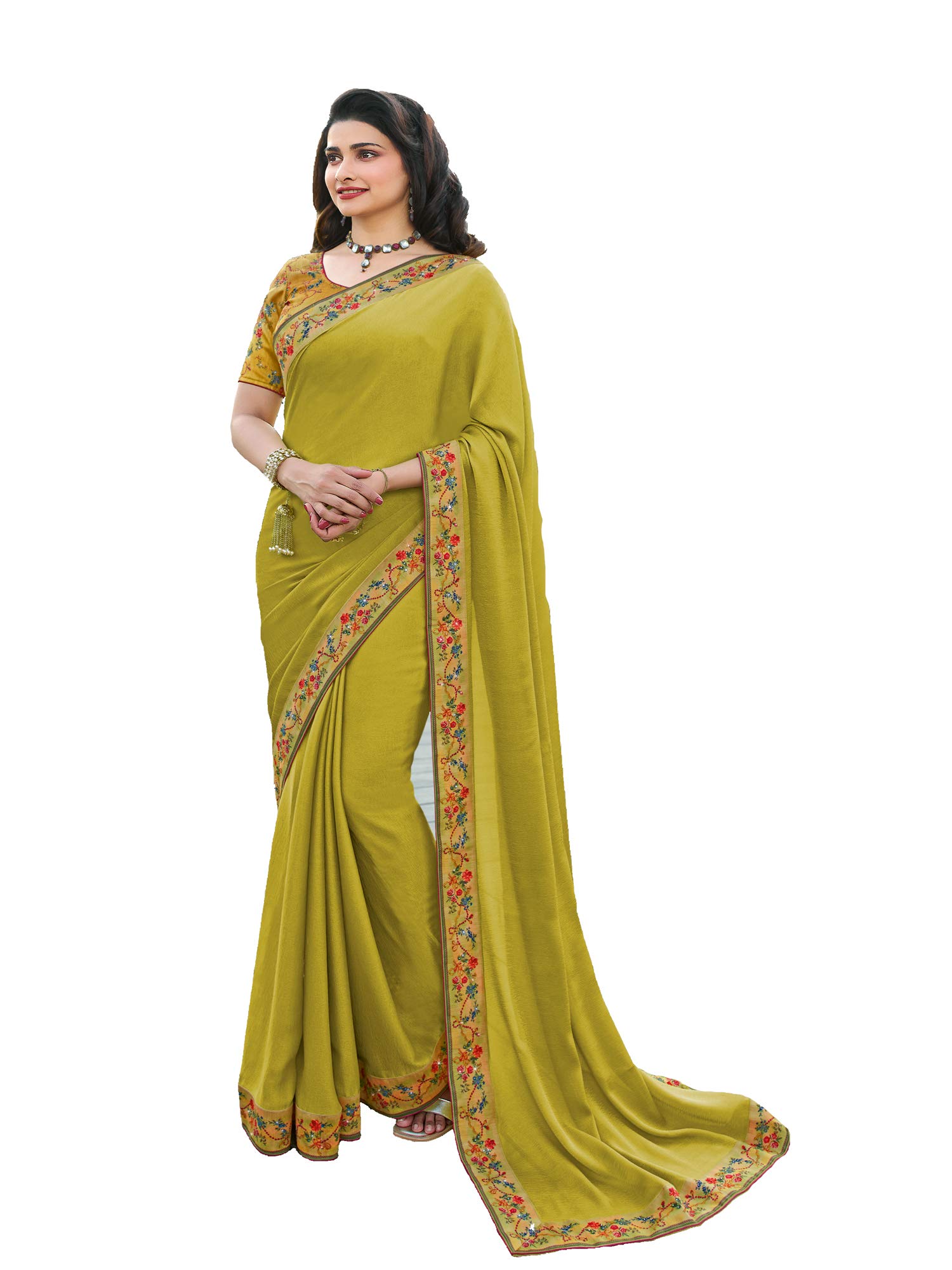 RAJESHWAR FASHION WITH RF Women's Plain Dyed Solid Silk Saree For Women With Digital Printed Work Lace Border & Blouse Piece(A43 Variation_Multicolored_Free Size 6.30 Mtr)