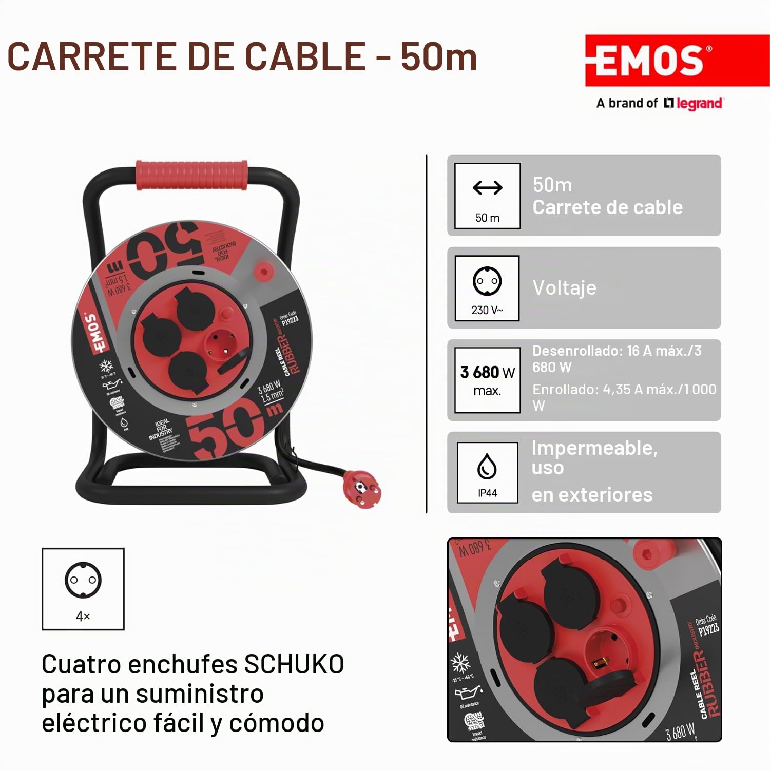 EMOS tambor cable 50 m acero, 4 Schuko, 230 V 16 A 3680 W, goma H07RN-F 1.5 mm², IP44, resistente agua, golpes, aceite, intemperie