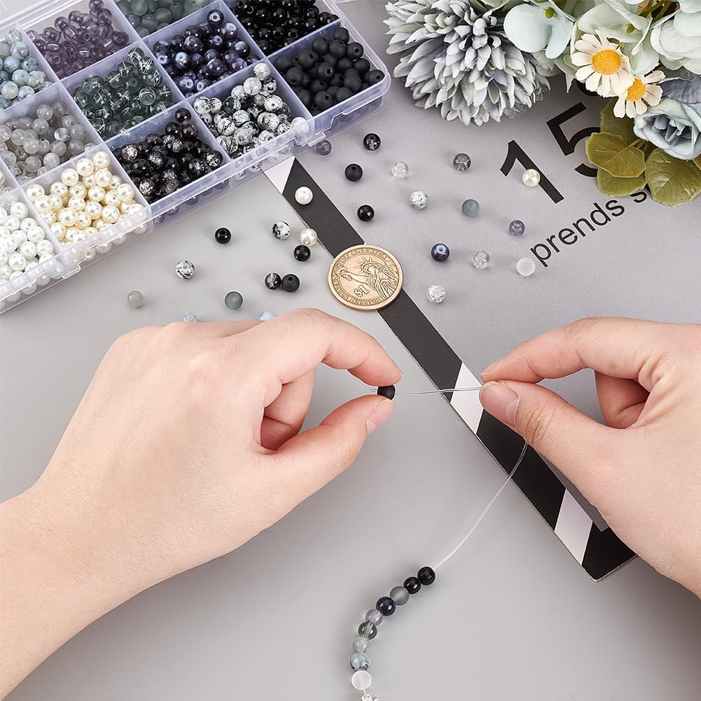 PH PandaHall 900pcs 6mm Marble Glass Beads, 15 Color Black White Bracelet Beads Round Loose Beads Crystal Bead for Bracelet Earring Necklace Jewelry Making Halloween Eid Mubarak Ramadan Decoration - Image 3