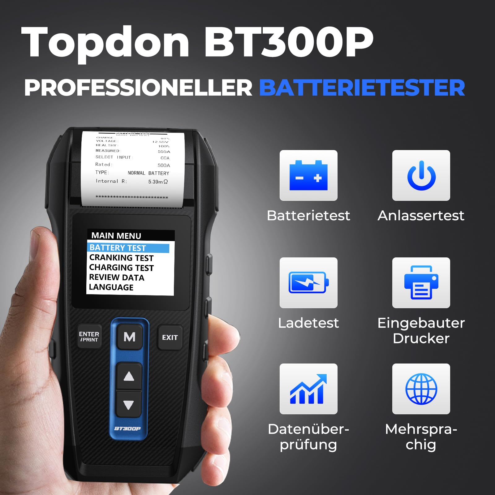12V 24V Batterietester kfz mit Drucker-TOPDON BT300P, 100-2000 CCA Automatischer Lasttester für Batterie-/Anlass-/Ladesystemtest, Autobatterietester für Auto Motorrad SUV LKW Boot