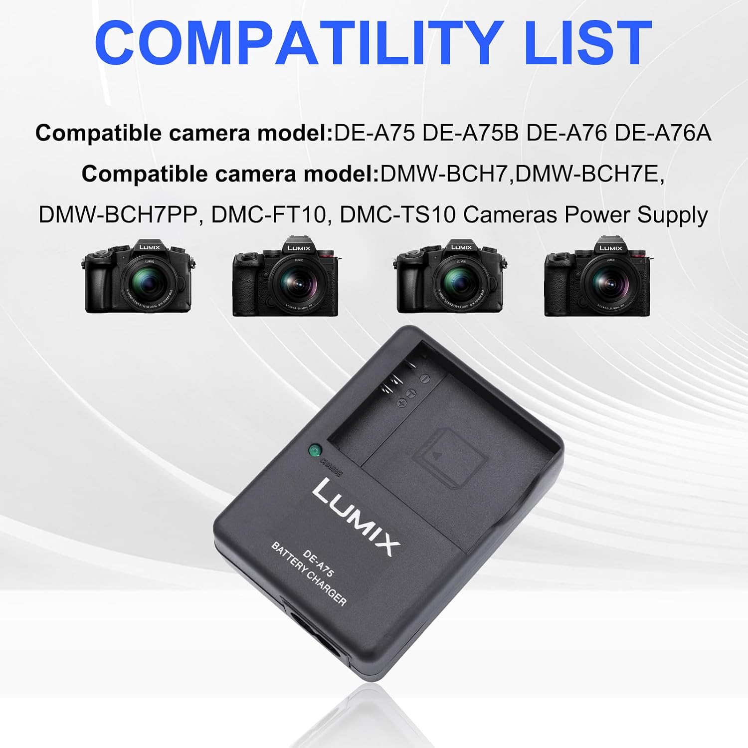 DE-A75 DMW-BCH7E Battery Charger for Panasonic Lumix DE-A75B DE-A76 DE-A76A DMW-BCH7, DMW-BCH7GK, DMW-BCH7E, DMW-BCH7PP, DMC-FT10, DMC-TS10，DE-A75B, DE-A76 Cameras Power Supply
