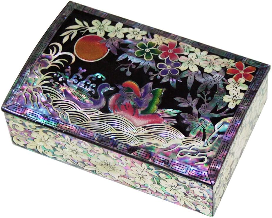 Mother of Pearl Wooden Desk Office Business Name Card Holder Case with Mandarin Ducks Design