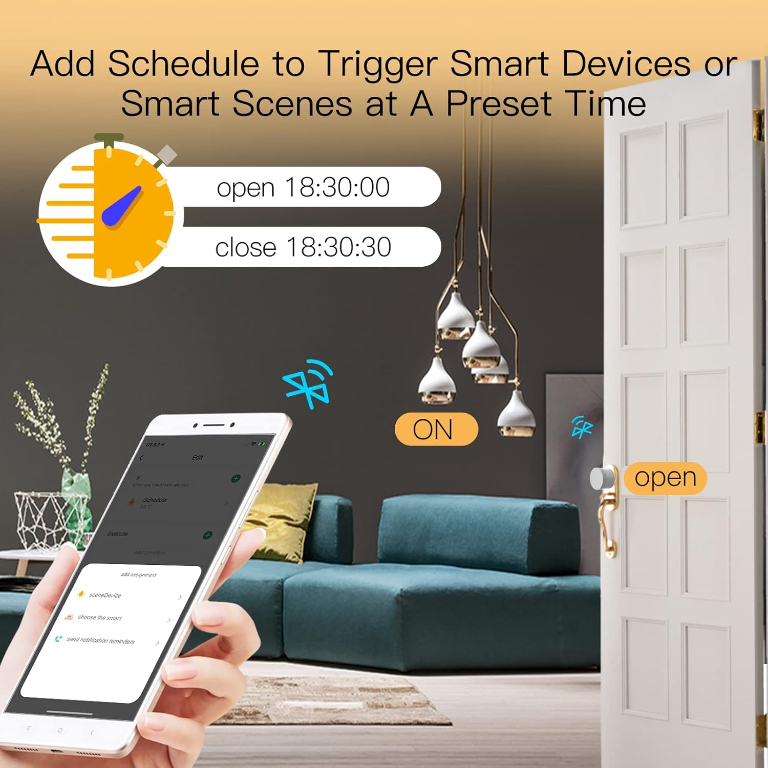 Smartphone screen showing a schedule being set to open and close the smart lock at specific times.