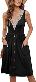 Women Summer Dresses Sleeveless Casual Loose Swing Button Down Midi Dress with Pockets