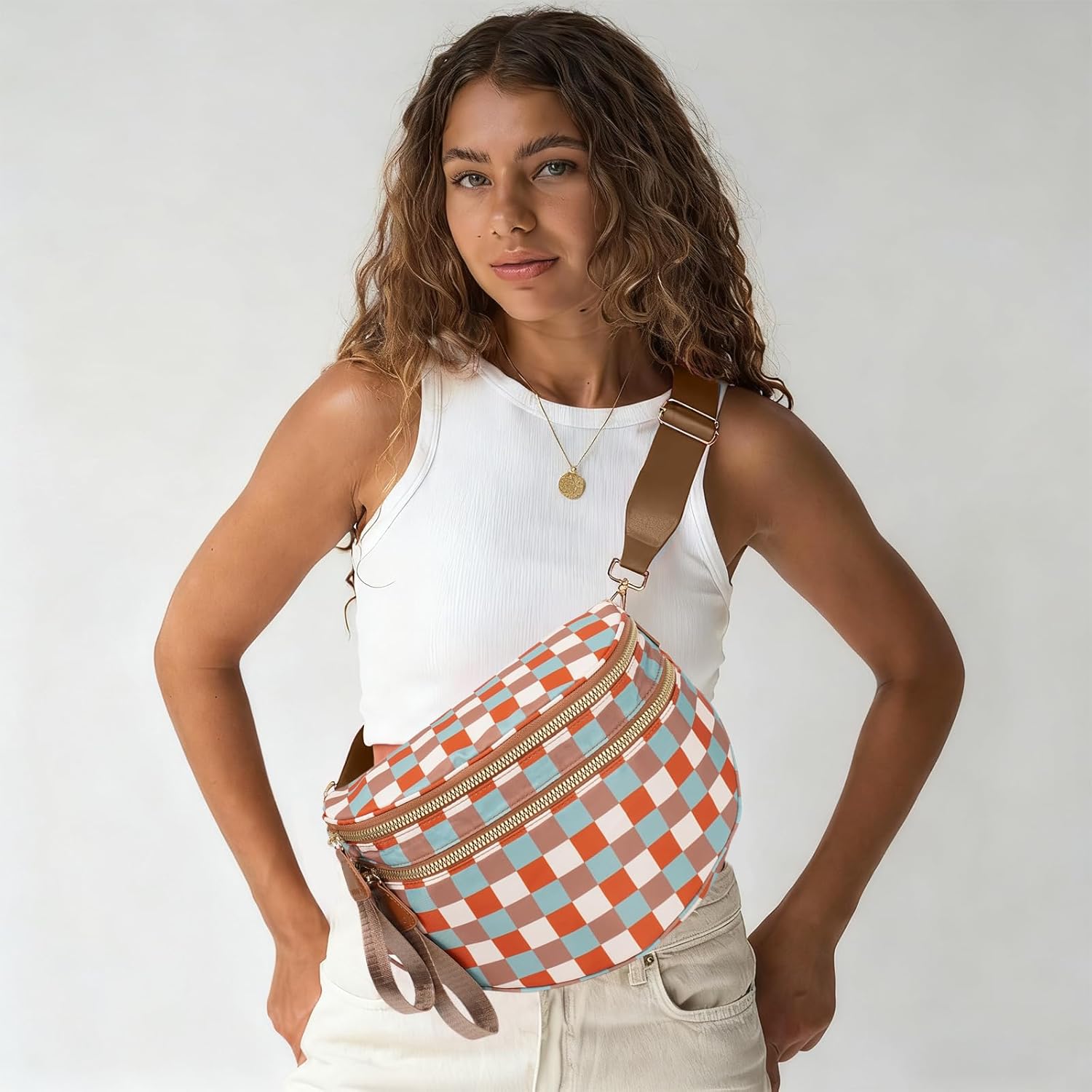 Checkered Crossbody Bag Nylon Bum Bags for Women Spacious Handbags Checkered Purse Fanny Packs with Shoulder Strap - Image 3