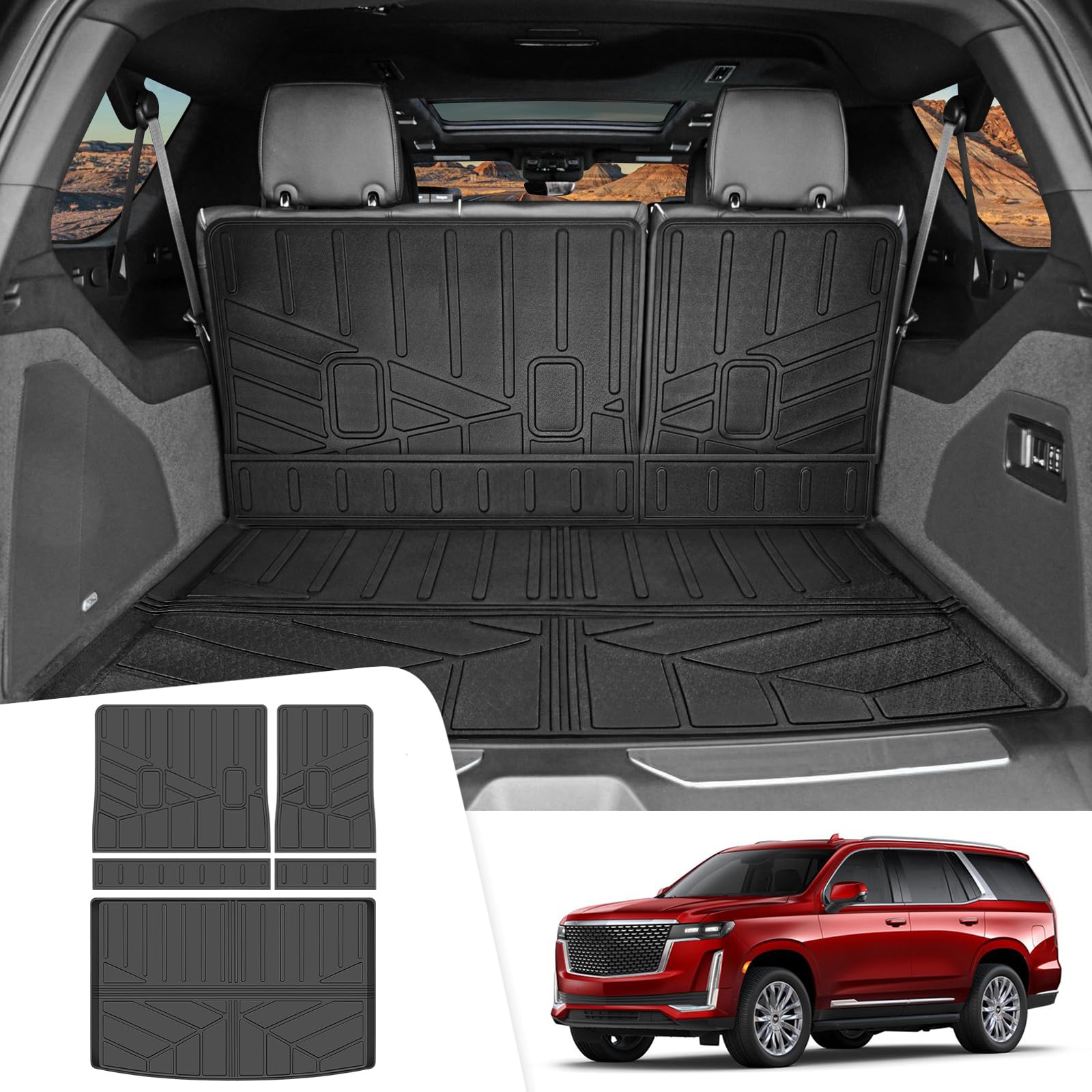 Cargo Liners Fit for 2021-2023 Cadillac Escalade ESV 7 Passenger Cargo Mat TPE Trunk Mat Seat Back Covers for 2023 Escalade Extended-Length Model Accessories(Cargo Mat+Backrest Mat)