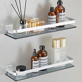 Bathroom Wall Shelves 15.7 in Glass Bathroom Shelf Silver Floating Shelves Tempered Glass Shelves for Shower Wall Mounted（2 Pack）