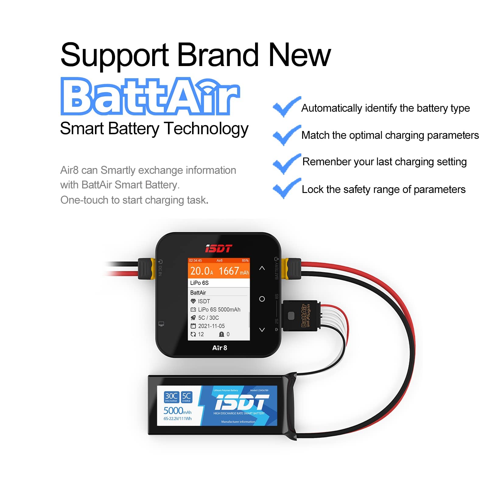 ISDT Air8 - Caricatore Lipo da 500 W, 20 A, con telecomando Bluetooth, per batterie Life/Lilon/LiPo/LiHv1~8S/ULiHv 1-7S/Pb 1-12S/NiMH/Cd 1-16S (Air 8)