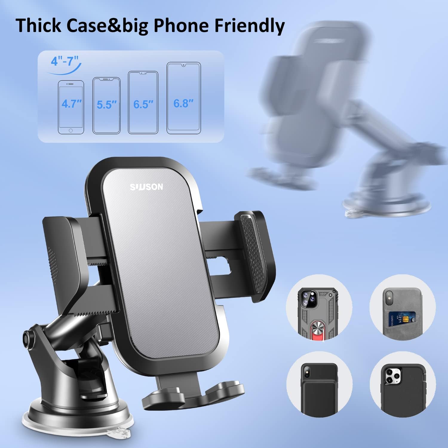 Car Phone Holder Mount -3in1 Long arm, Suitable for Dashboard/Windshield/Vent, Adjustable Holder, Compatible with All Smart Phones and Cars (Gray)