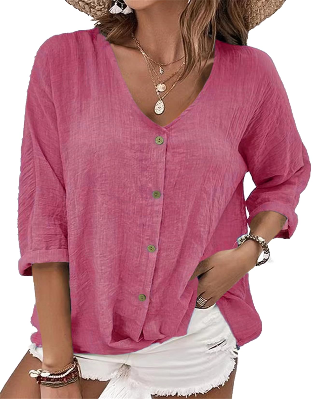 Zhyaj Linen Shirts for Womens V Neck Roll up Sleeve Shirt 2025 Spring Casual Loose Work Button Down Blouses Tops