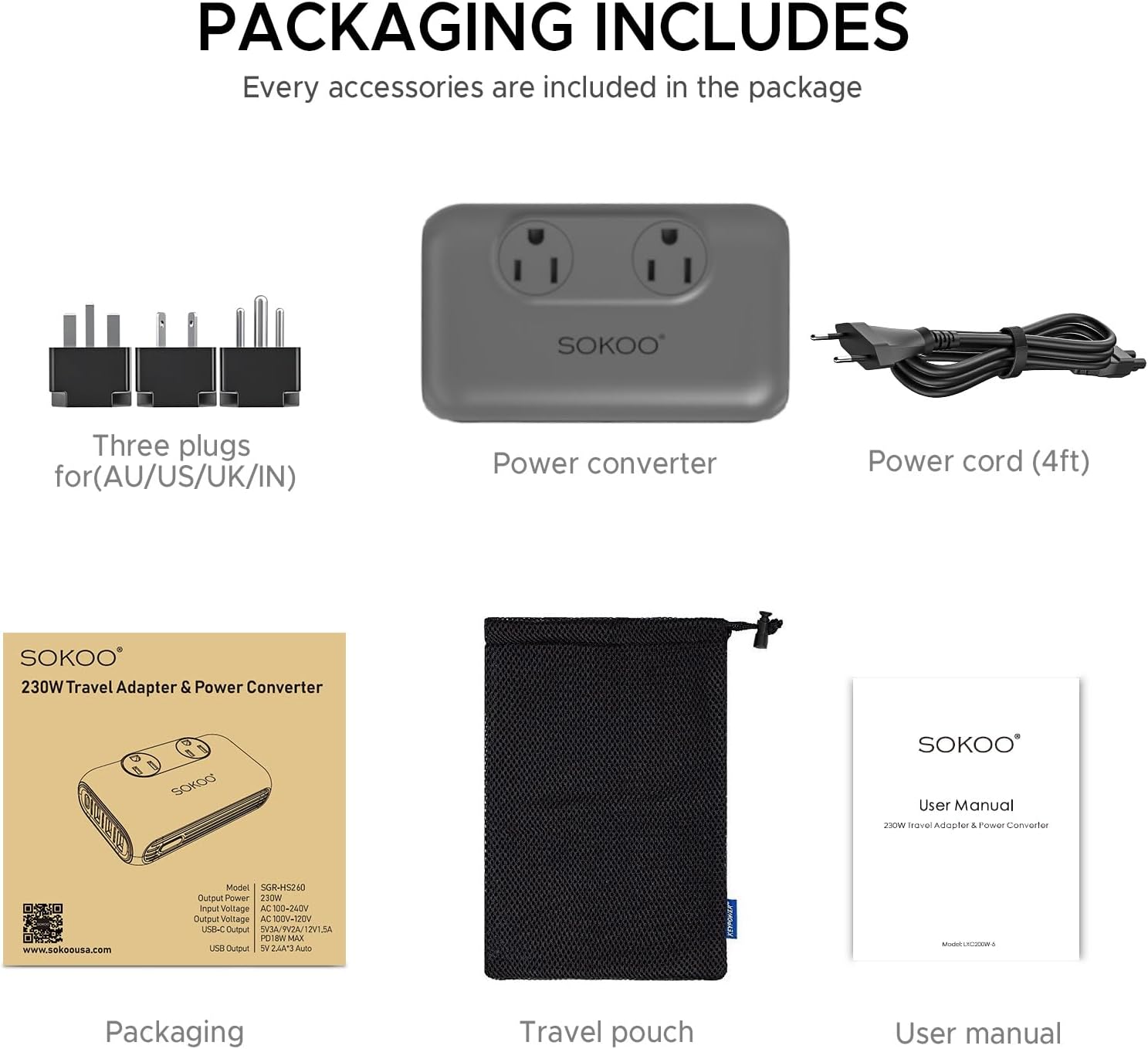 SOKOO 230-Watt Step Down 100-220V to 110V Voltage Converter, International Power Converter/Travel Adapter- Use for EU/UK/AU/US/India More Than 150 Countries, USB Quick Charger 3.0 Grey