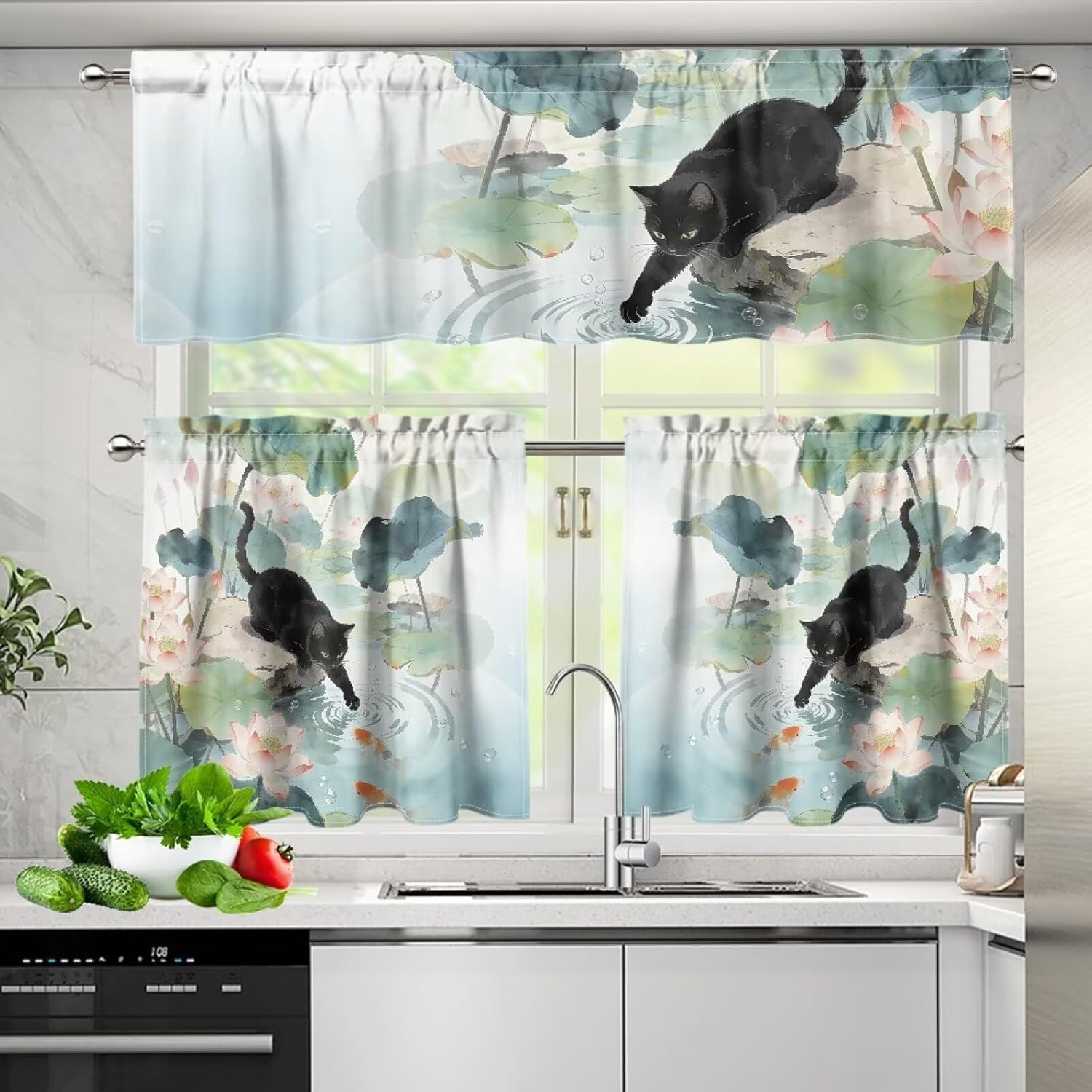 Pond Cat Kitchen Curtains and Valances Set Sage Green Kitchen Curtains 24 inch Length Sets 3 Piece Rustic Short Cafe Drapes Vintage Window Treatments Set for Bedroom Living Room Decoration