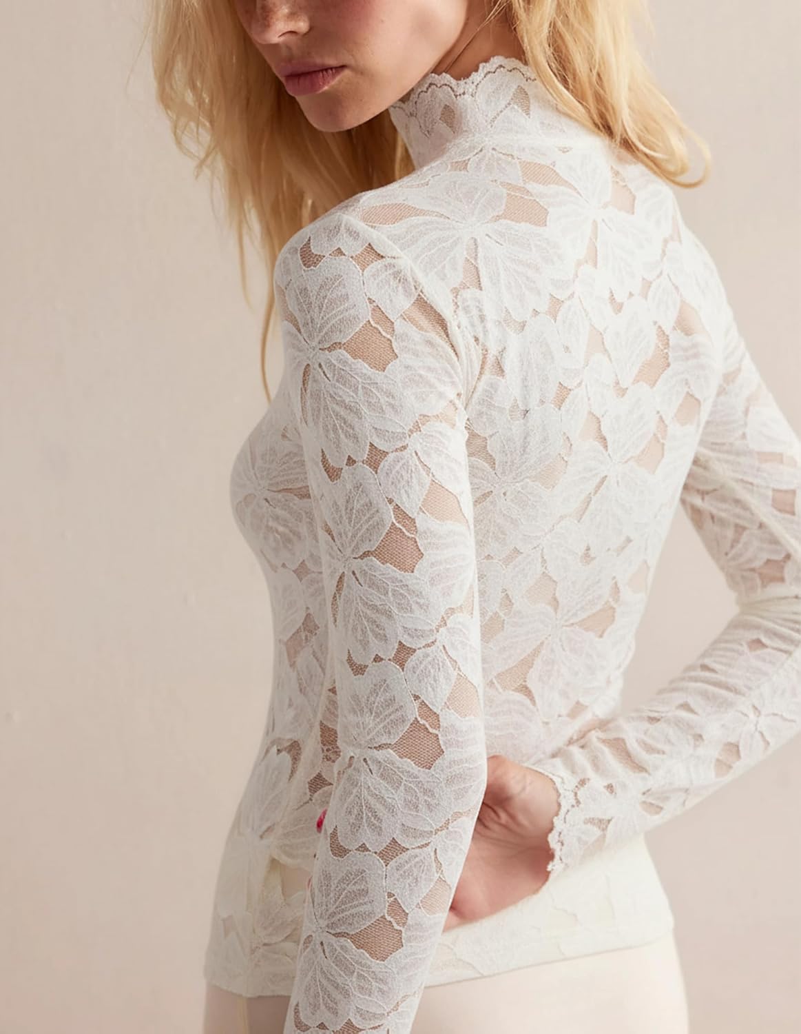 Women Elegant Fuzzy Floral Lace Long Sleeve Shirts Mock Neck Going Out Tops Dressy Casual Trendy - Image 3