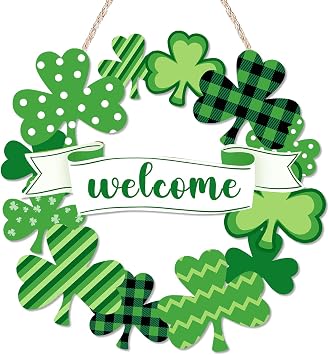 St Patricks Day Wreath For Front Door, Shamrock Welcome St Patricks Day Door Sign St Patricks Day Decoration Wreath Hanger for Wall Home Party