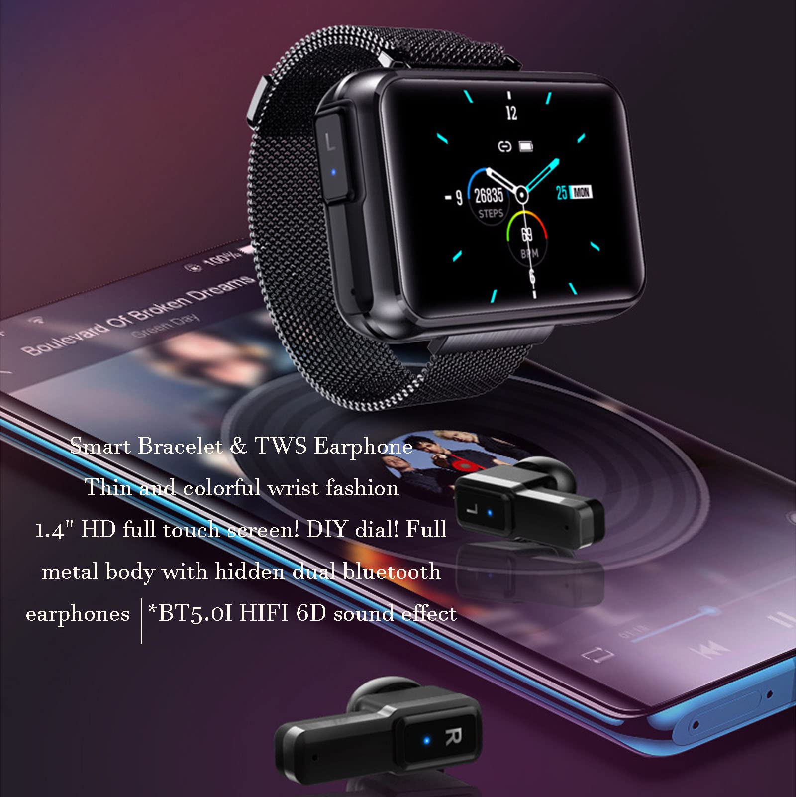 Inteligentny zegarek ze słuchawkami, inteligentny zegarek 2 w 1, ciśnieniomierz tętna, monitor snu, kompatybilny z mężczyznami i kobietami iPhone Androi,Black