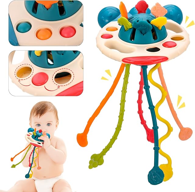 FANTESI Silicone Montessori Toys Baby Sensory Toys, Early Educational Toys Pull Activity Toy Motor Skills Toys for Infants Newborns Toddler Boys Girls Christmas Birthday Gift