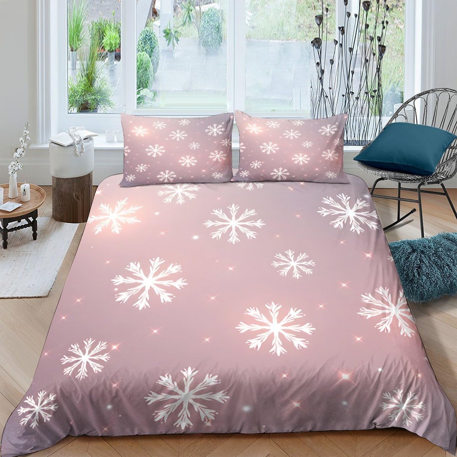 Ctjqhvkz Style-9 3D Printed Snowflake Pattern Fitted Sheet Microfiber Soft Pink Bed Cover For Bedroom Decor Dustproof Machine Washable Single（135X200cm）