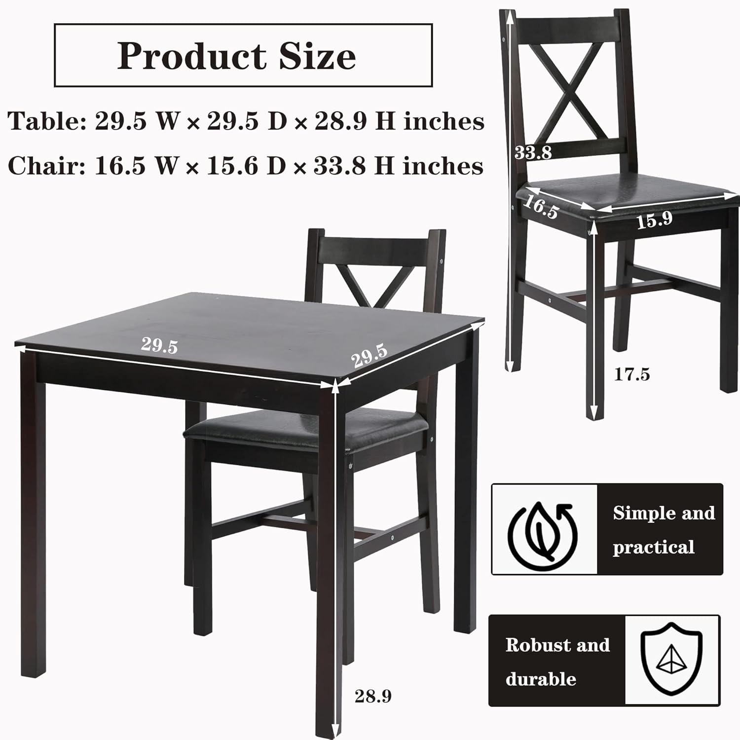 Small Dining Table Set 3 Piece Wood Dinning Room Table Set for 2, Square Kitchen Table and 2 Chairs, Space Saving Dinette for Kitchen, Dining Room, Appartment, Dark Brown