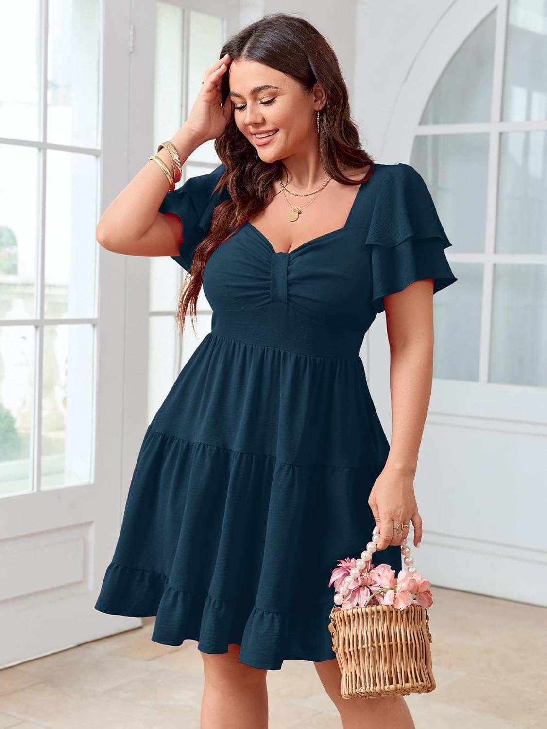 SCOMCHIC Women's Plus Size Summer Dresses Short Sleeve Sweetheart Neckline A Line Cocktail Boho Cute Mini Short Dress