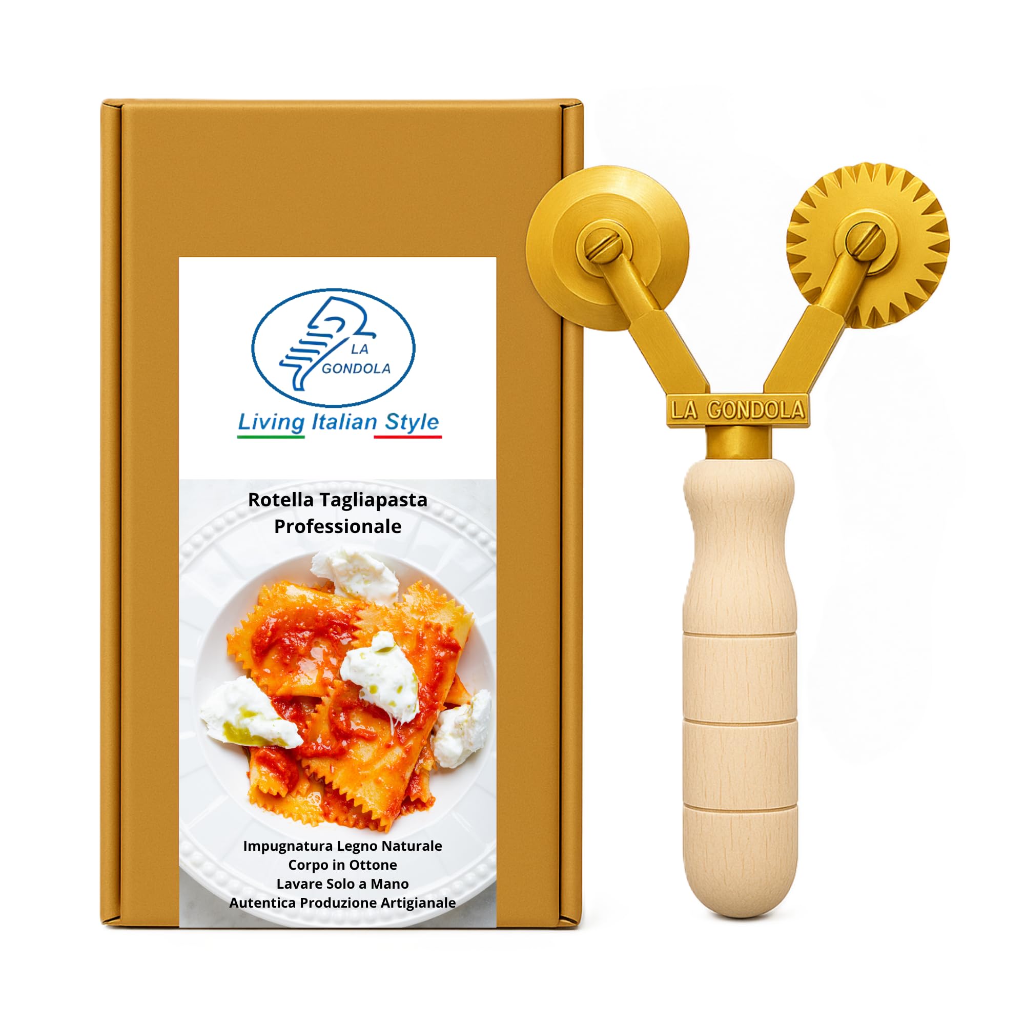 LA GONDOLA Rotella doppia tagliapasta combinata ottone - impugnatura in legno,prodotto artigianale Made in Italy