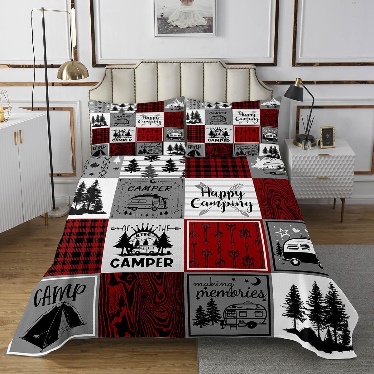 Erosebridal Camper Queen Quilt Sets Rv Camping Bedspread Set Rustic Buffalo Plaid Coverlet Set Camper Accessories for Travel Trailers Bunk Country Camping Bedding Set Red Black Grey