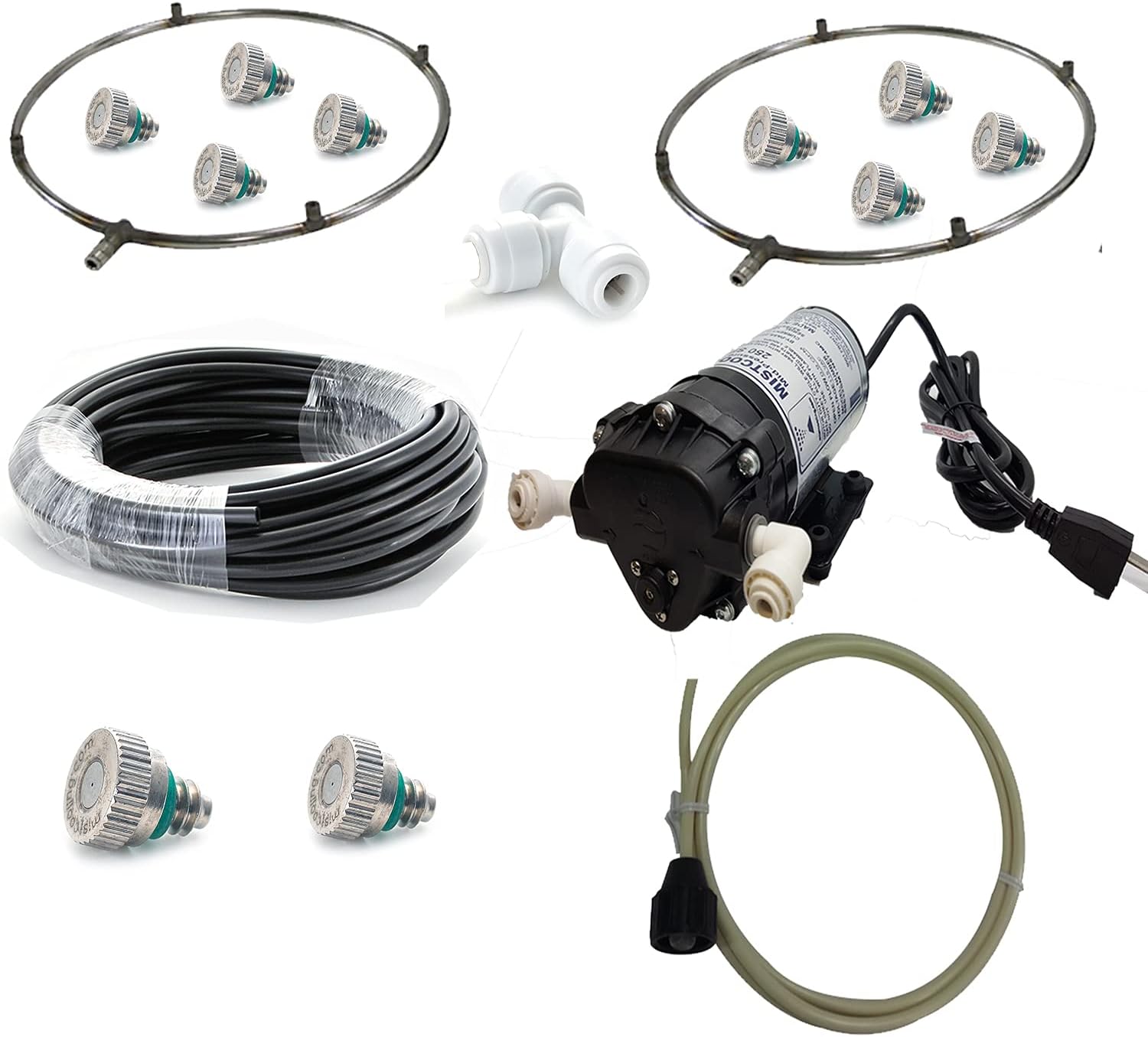 Misting Fan Kit - With 200 PSI Pump & 2 Stainless Steel Misting Fan Rings - Made in USA Pump