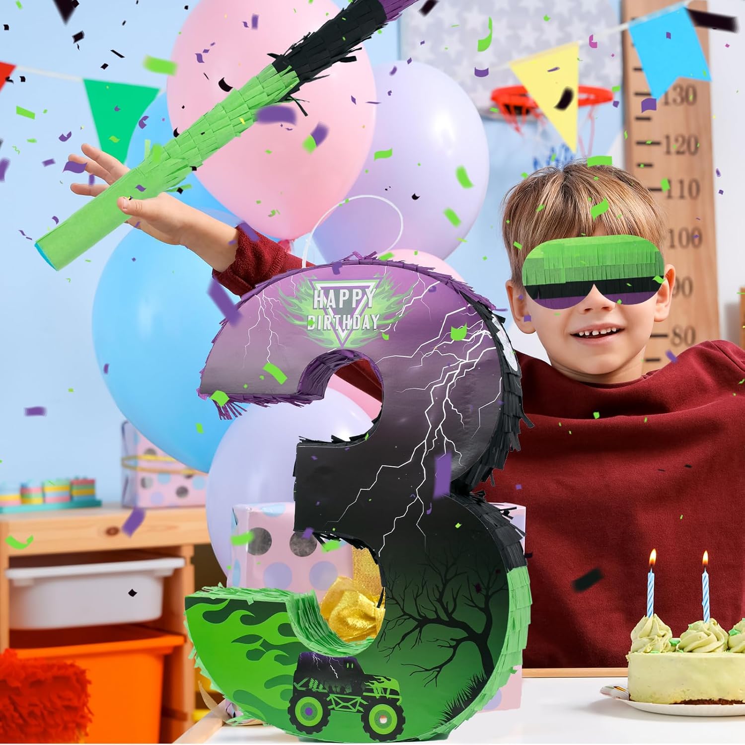Number 3 Monster Truck Car Piñata Green and Purple Pinata for Birthday Party Decorations Number 3 with Blindfold Stick Small Monster Truck Theme 3rd Party Supplies 15.8 x 11.5 x 2.45 Inch
