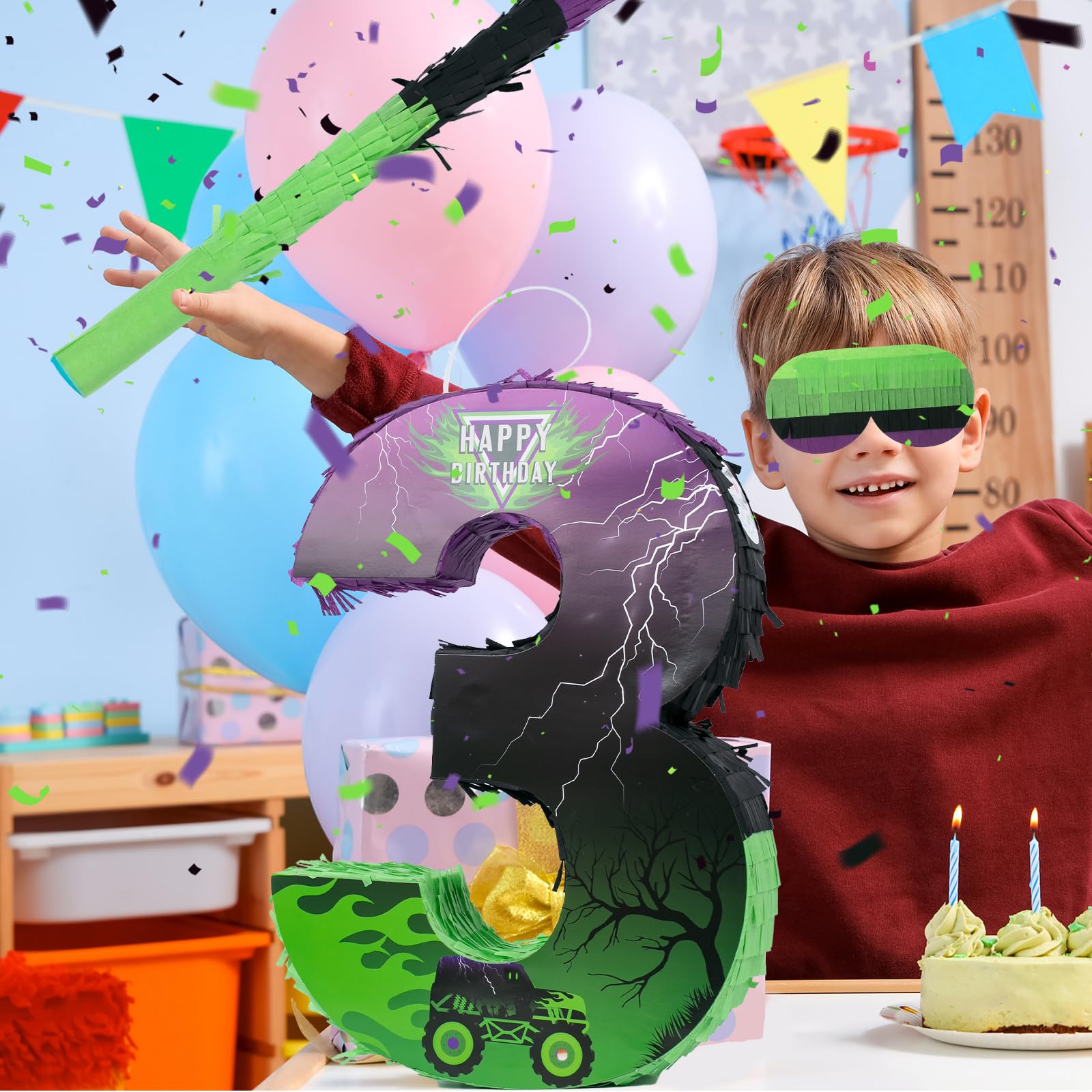 Piñata de coche Monster Truck número 3, piñata verde y morada para decoraciones de fiesta de cumpleaños, número 3 4 con palo para vendar los ojos, pequeño camión monstruo, suministros para fiesta de
