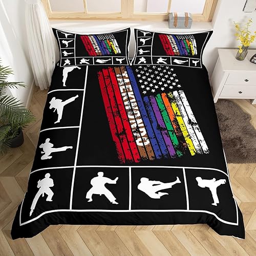 Miniatura 3 de Manfei Funda de edredón de silueta de Taekwondo, juego de ropa de cama de estilo japonés con estampado de bandera estadounidense en acuarela para