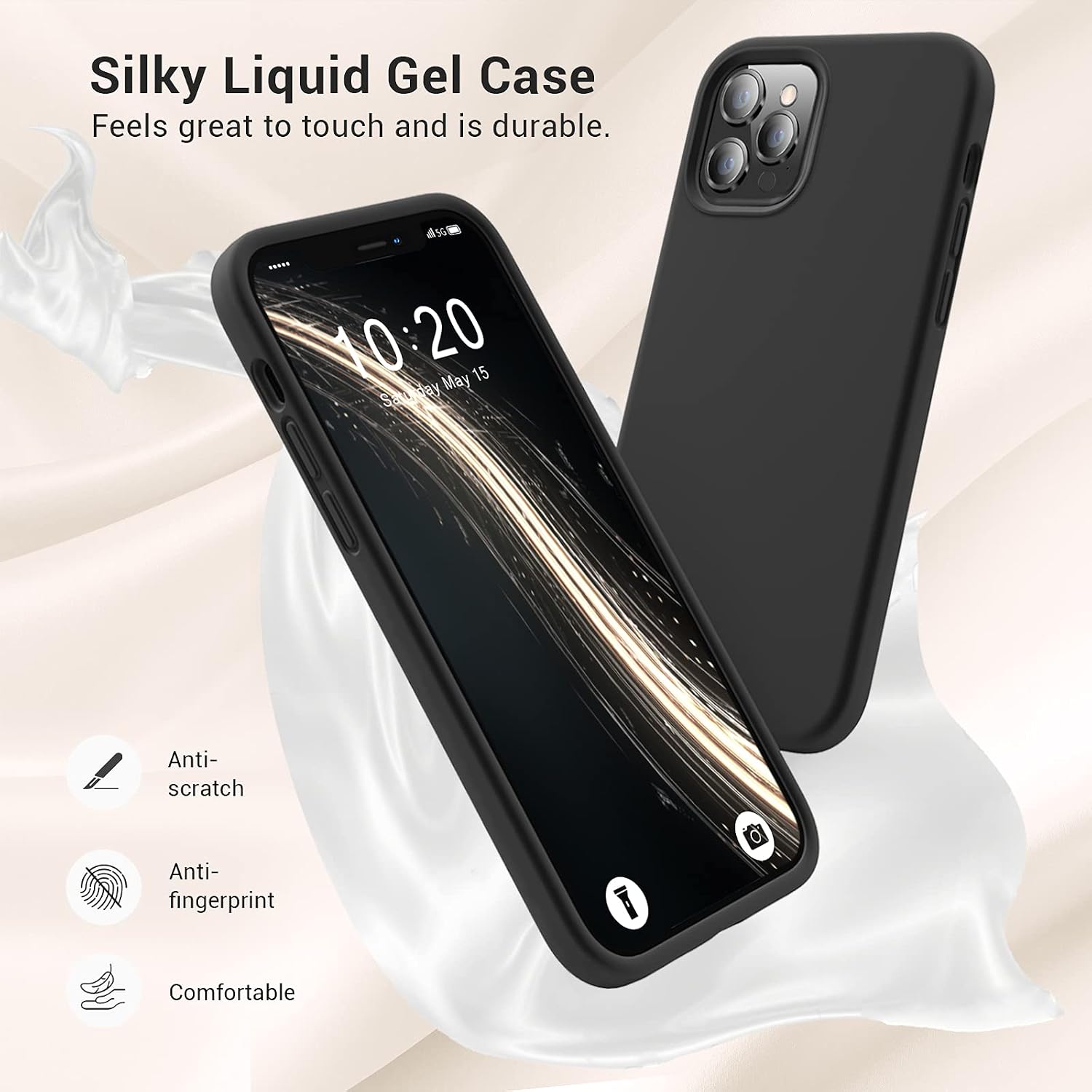 Elando Compatible with iPhone 12 Pro Max Case, Liquid Silicone Slim Shockproof Phone Case with Anti-Scratch Microfiber Lining, 6.7 inch, Black