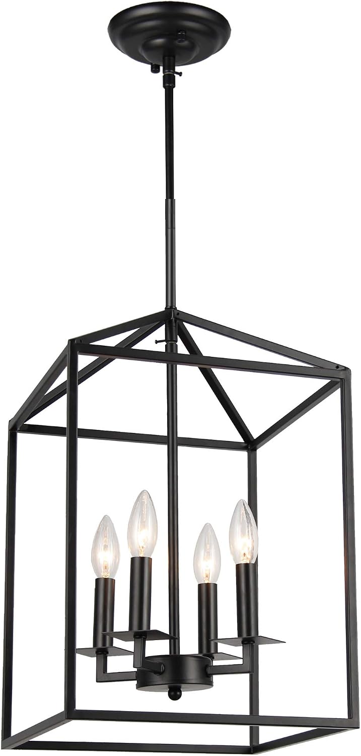 Cage Pendant Light Four-Light Hall Candle-Style Chandelier Ceiling Light Fixture for Hallway Dinning Room Kitchen Bar Restaurant (H18" x W12") (Black)
