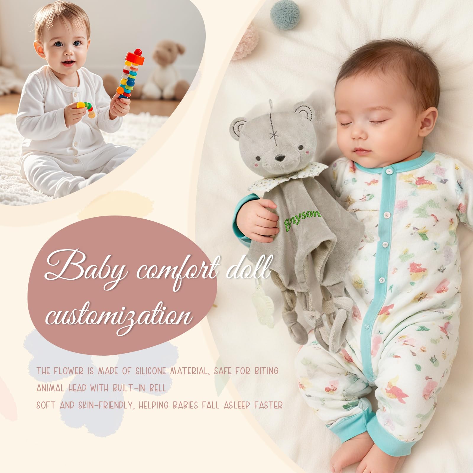 Copertina Personalizzata con Nome Doudou con Neonato Anello da Dentizione in Silicone e Campanellino Peluche Morbidissimo Copertina 27×27 cm Regalo per Neonati Ragazza Ragazzo (Style 5)