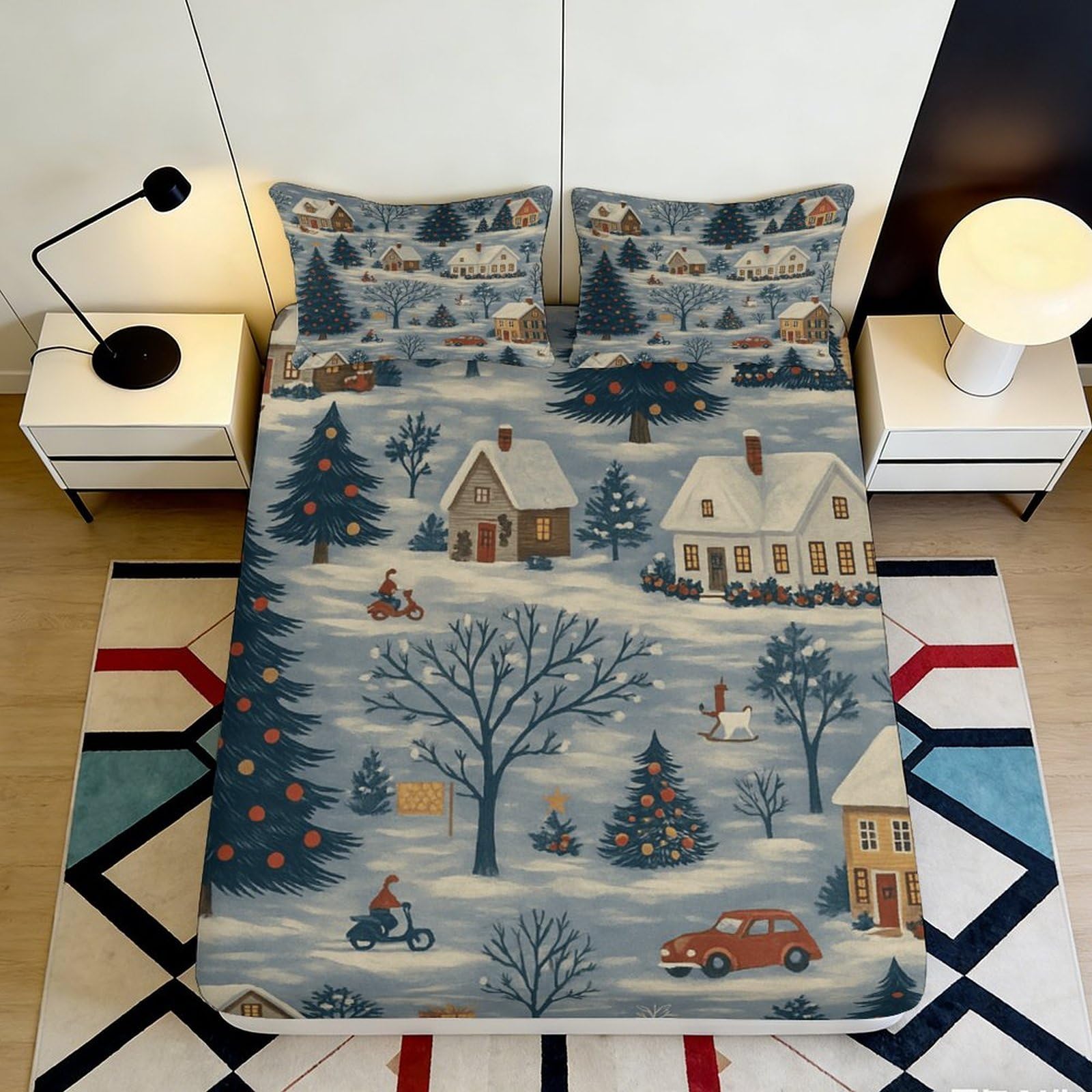 3D Printed Winter Village Fitted Sheet Microfiber Soft Breathable Snowy Landscape Bed Cover for Bedroom Dormitory Guest Room Mattress Protection Decor 180x200x25cm