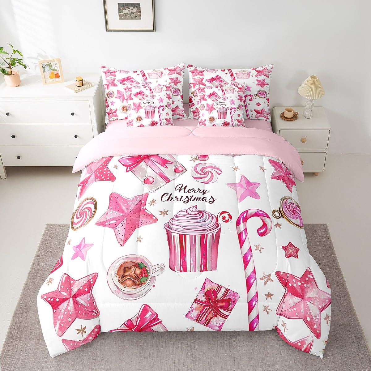 7 Pieces Twin Size Merry Christmas Comforter Set,Hot Cocoa Sweet Candy Cupcake Bedding Set for Girls Women,Glitter Stars Dreamy (Comforter+Fitted+Flat Sheet+2 Pillowcases+2 Throw Pillow Covers)