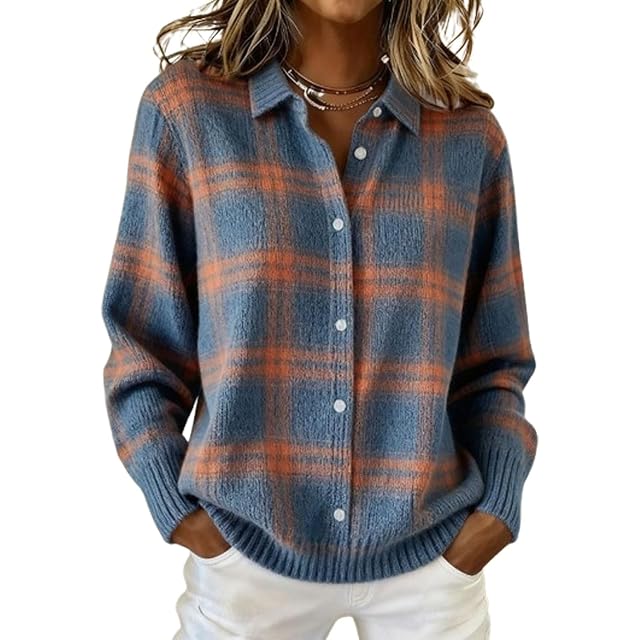 Womens Plaid Print Casual Cotton Buttoned Cardigan Sweater Button up Cardigan Knit Cardigans Fluffy Casual