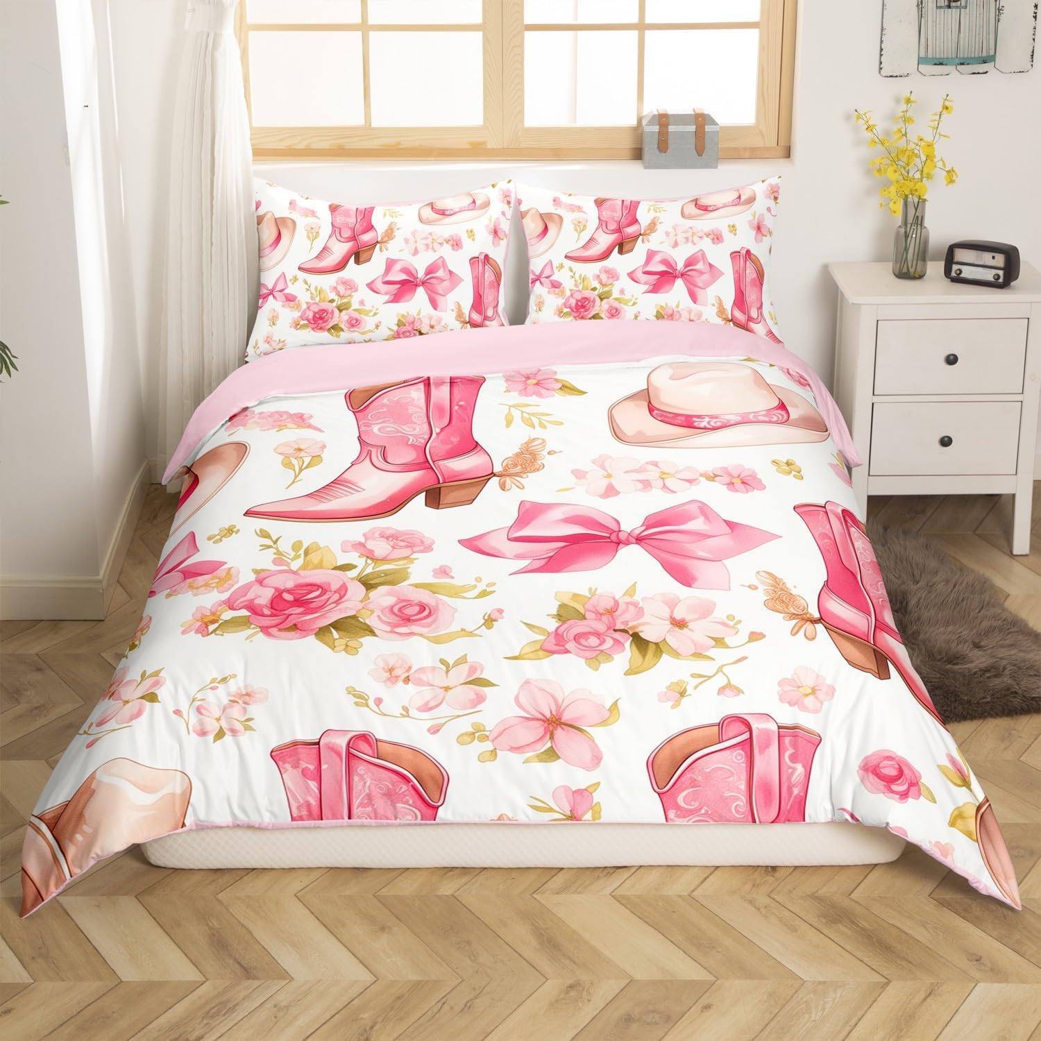 Feelyou Kids Western Cowgirl Bedding Set Full Size,Pink Bowknot Duvet Cover Boys Girls Dreamy Princess Comforter Cover Cute Bow Teens Bedspread Cover Bedroom Decor Quilt Cover (No Comforter)