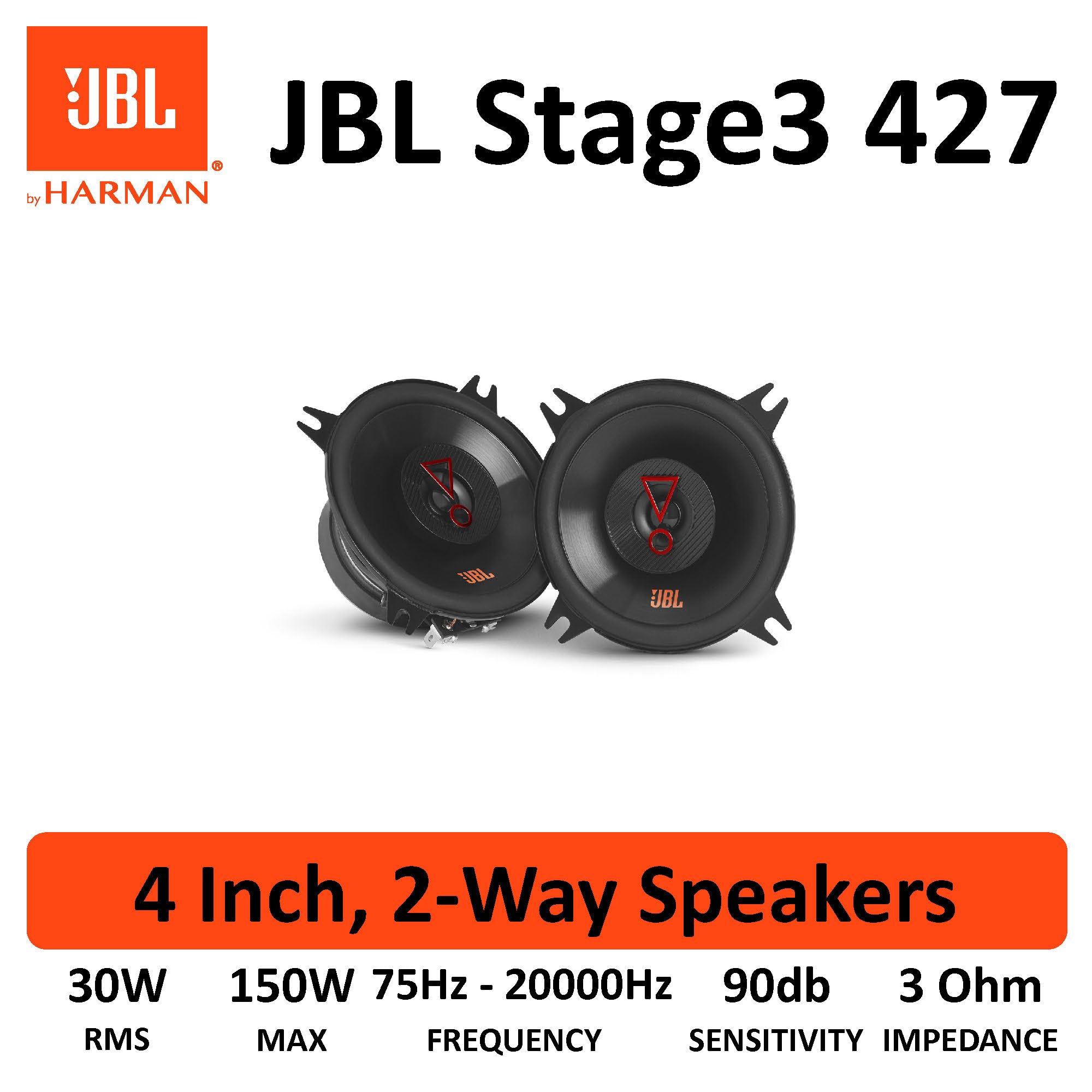 JBL Stage3 427 Juego de altavoces coche de 2 vías de Harman Kardon - 150 vatios JBL echo auto 10 cm