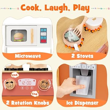 COSTWAY Kids Wooden Kitchen, Pretend Play Kitchen with Microwave, Burners, Faucet, Sink, Ice Dispenser & Accessories, Children Cooking Toy Chef Role Playset for Boys Girls Ages 3-6