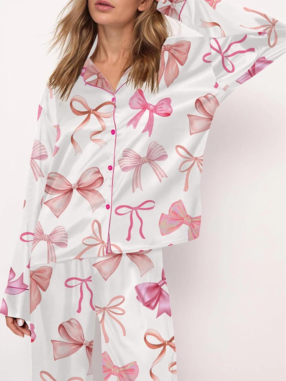 Springcmy Women Valentine Satin Pajamas Long Sleeve Shirt Pants Silk Heart Bow 2Pcs Sleepwear Loungewear Pjs Set - Image 2