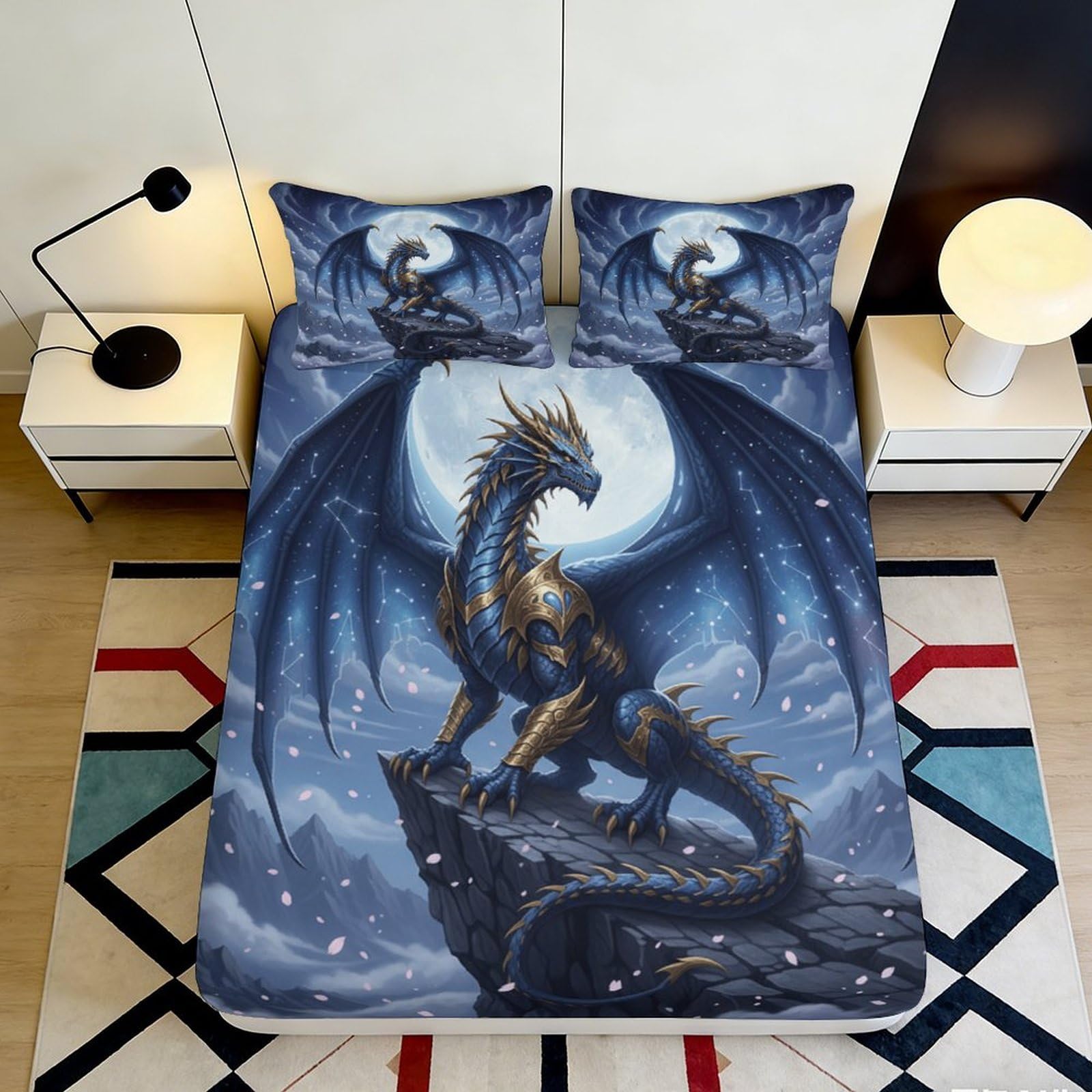 3D Printed Dark Moon Dragon Fitted Sheet Microfiber Soft Washable Blue Fantasy Mattress Cover Bedroom Decor 90x200x25cm