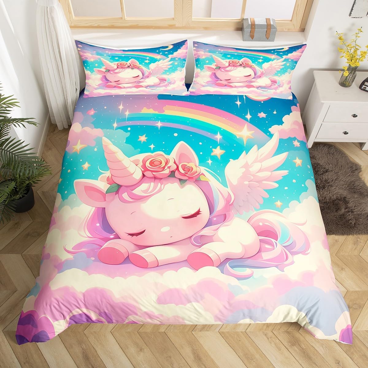 Erosebridal Unicorn Bedding Set Fantasy Unicorn Themed Comforter Cover for Girls Moon Galaxy Starry Sky Toddler Duvet Cover,Soft Reversible Pink Rose Flowers Kawaii Bed Set