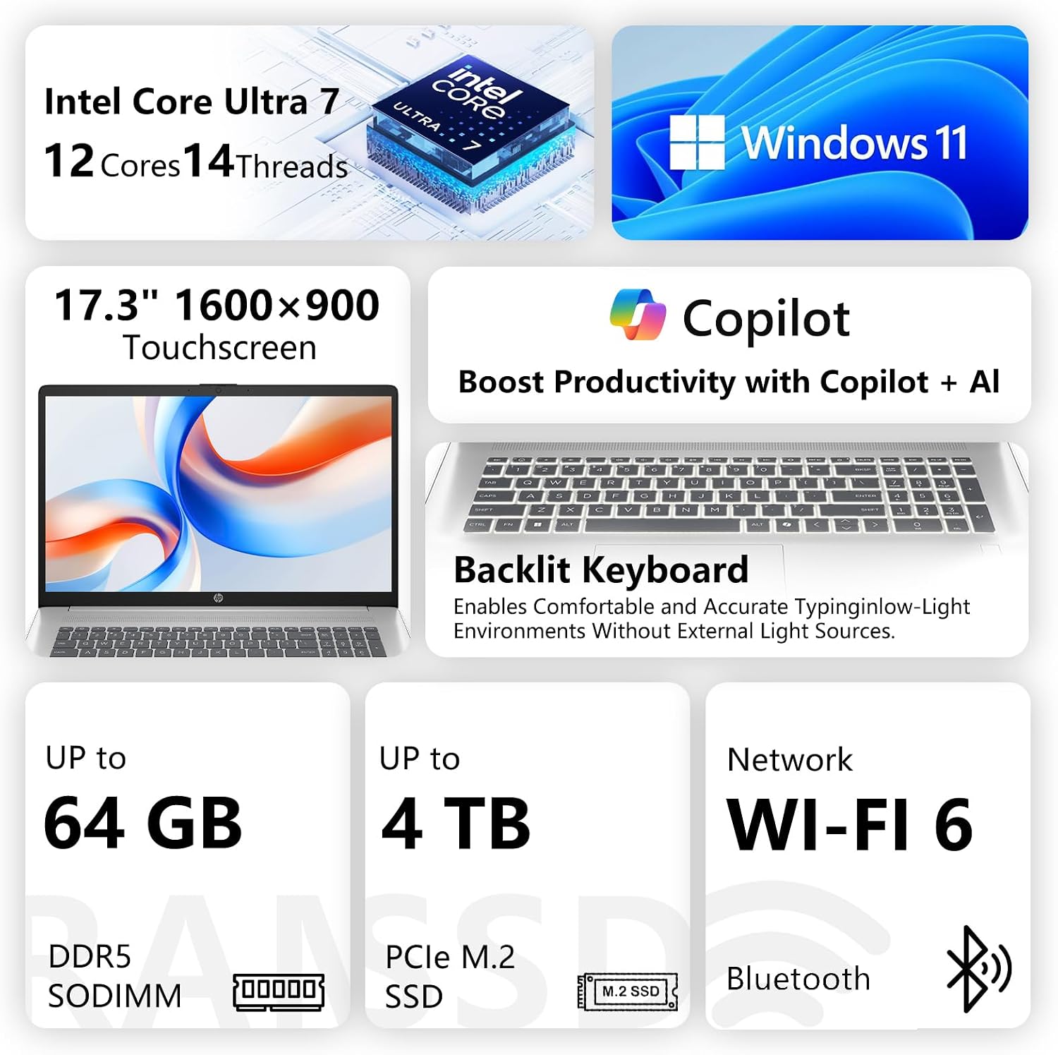 HP Pro Business Copilot AI Laptop PC, 17.3" Touchscreen, Intel Ultra 7 255U, 16GB DDR5, 1TB SSD, Wi-Fi 6, Webcam, Backlit Keyboard, Fingerprint Reader, Bundle with PCO Laptop Cooler image 2