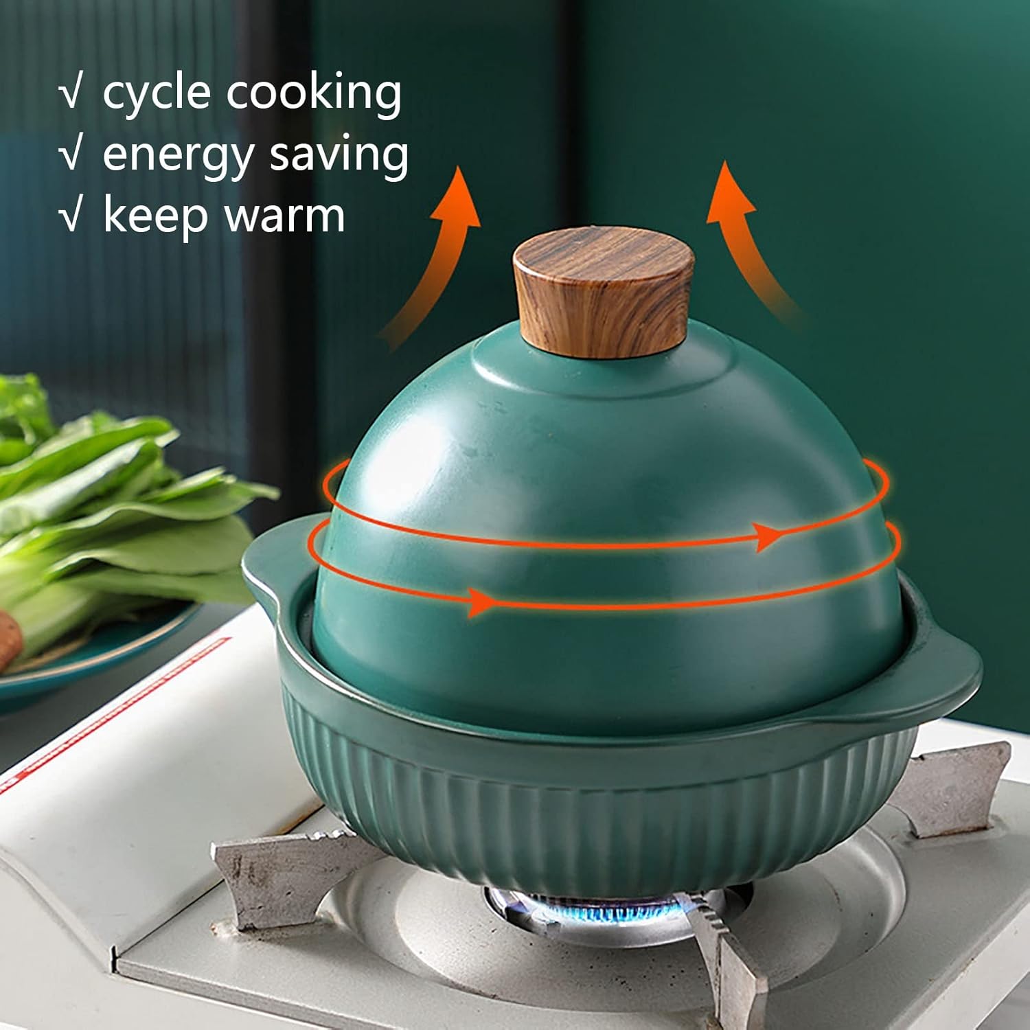 Gas Tagine Pot Traditional Ceramic with Lid Double Handles Tajine Pot Moroccan Stewing Non-Stick Tangine for Food Enthusiasts(Green)